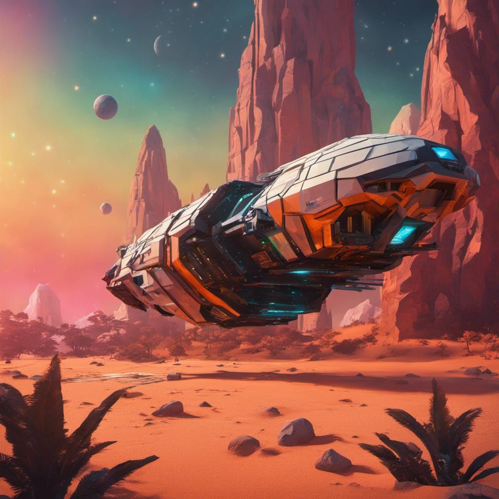 colorful glowing low poly spaceship parked on planet 9, Nati...