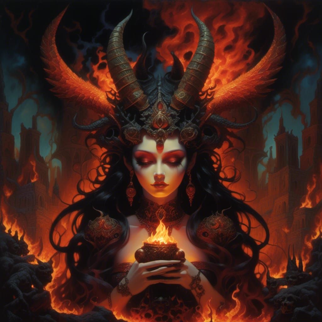 beautiful, Demoness hellscape, ancient ruins, flames, fire, ...