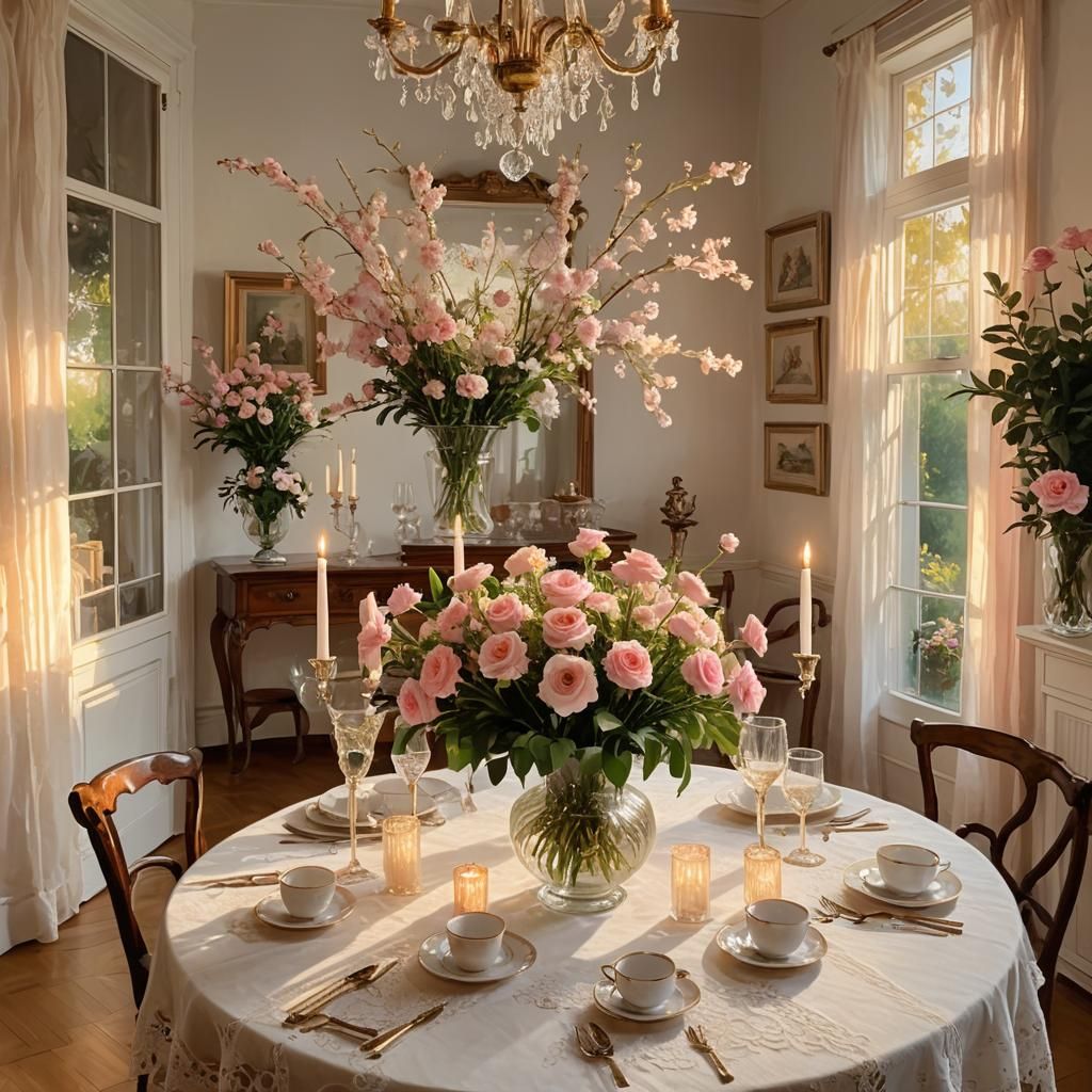 It's already evening. In the dining room, which has a large ...