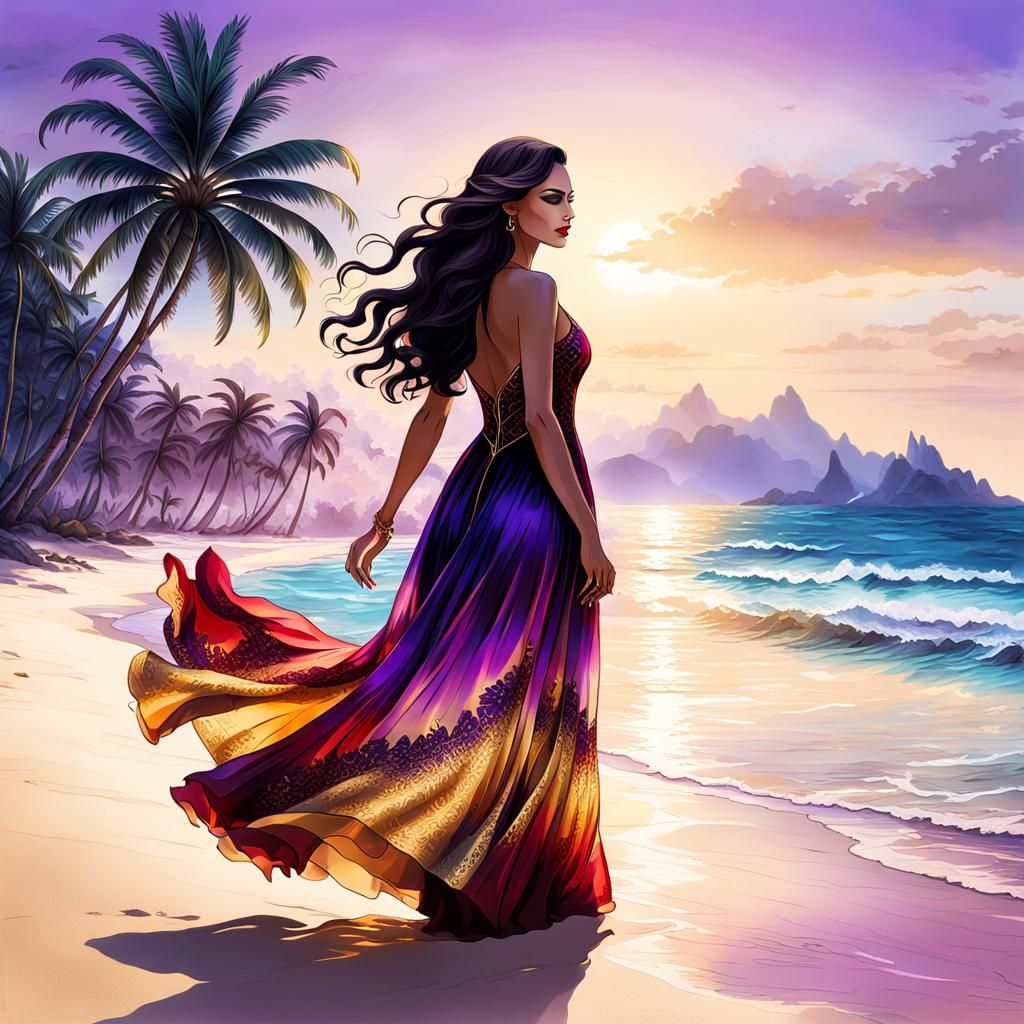 Beautiful young lady on the shoreline, adorned with vibrant ...