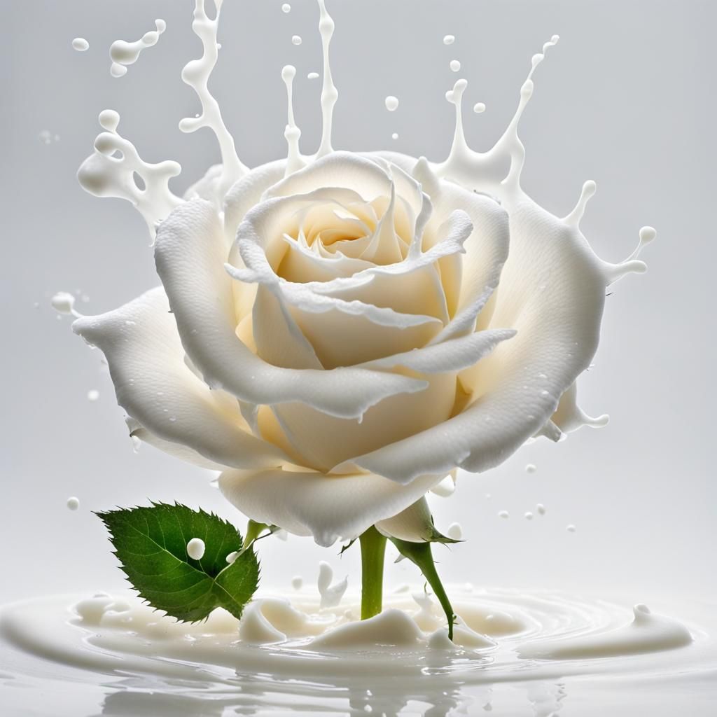 A white rose dissolves into a splash of white milk on a white background as if the rose were a splash ...  by @Norm Deploom 