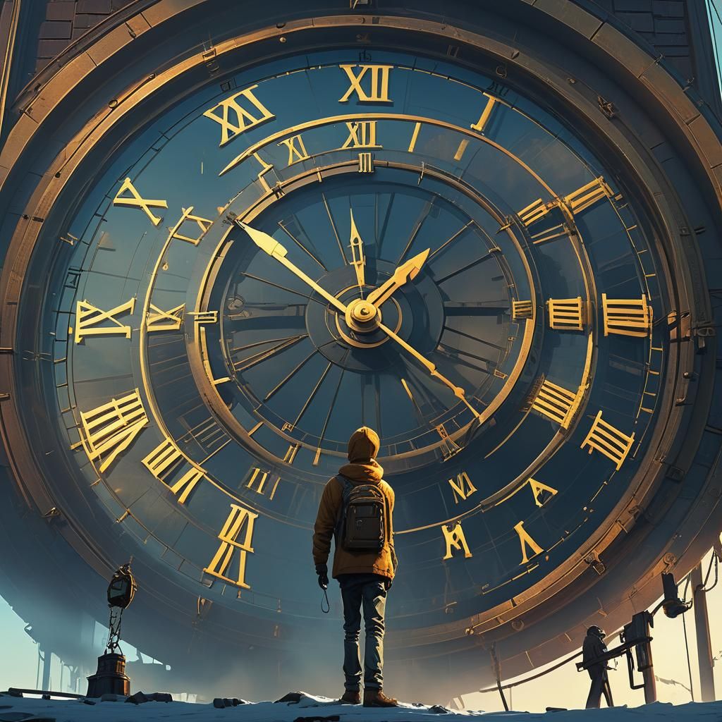 Man Battles Time on Giant Clock, Digital Matte Painting