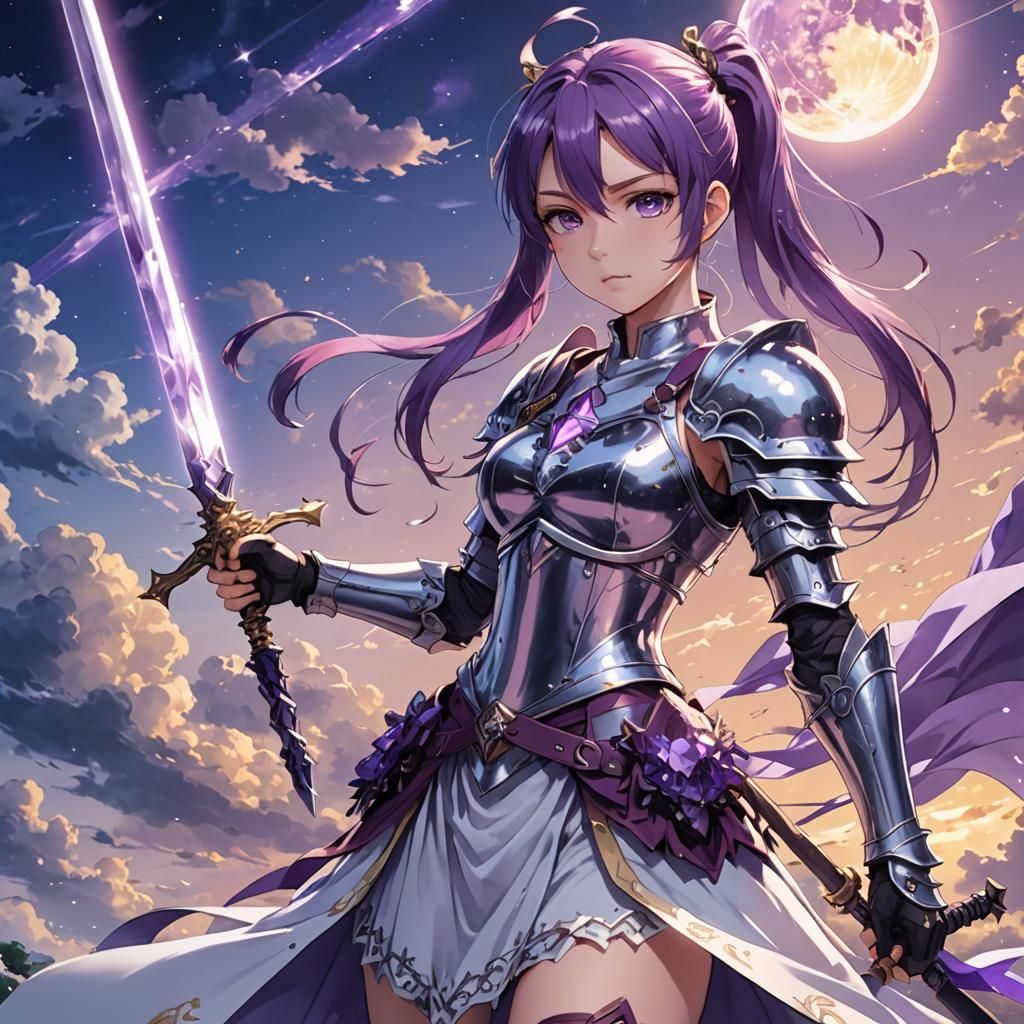 Full body female warrior in perfect figure with ponytail vio...