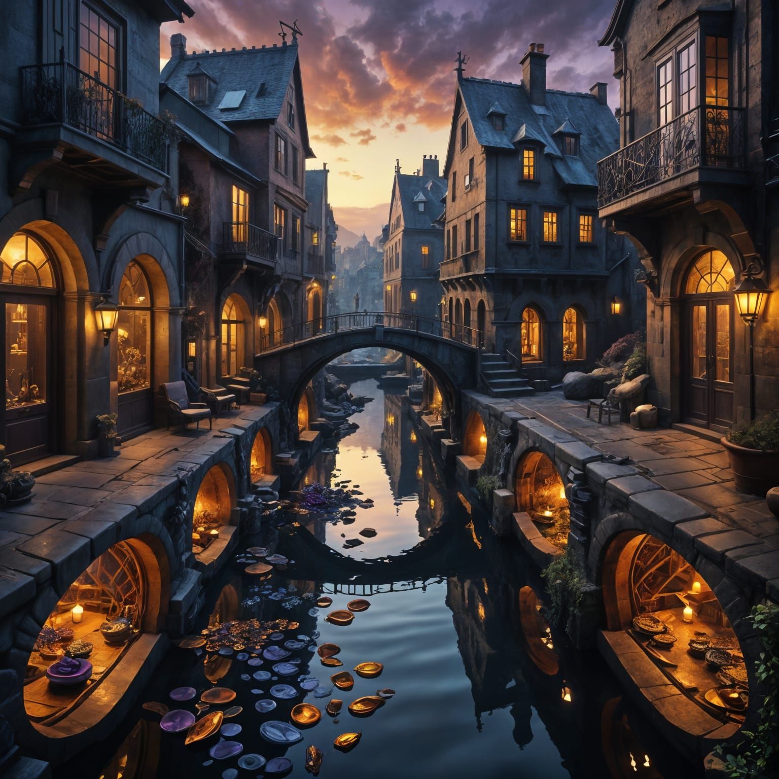 Epic Stone Bridge with Merging Buildings and Vibrant Accents