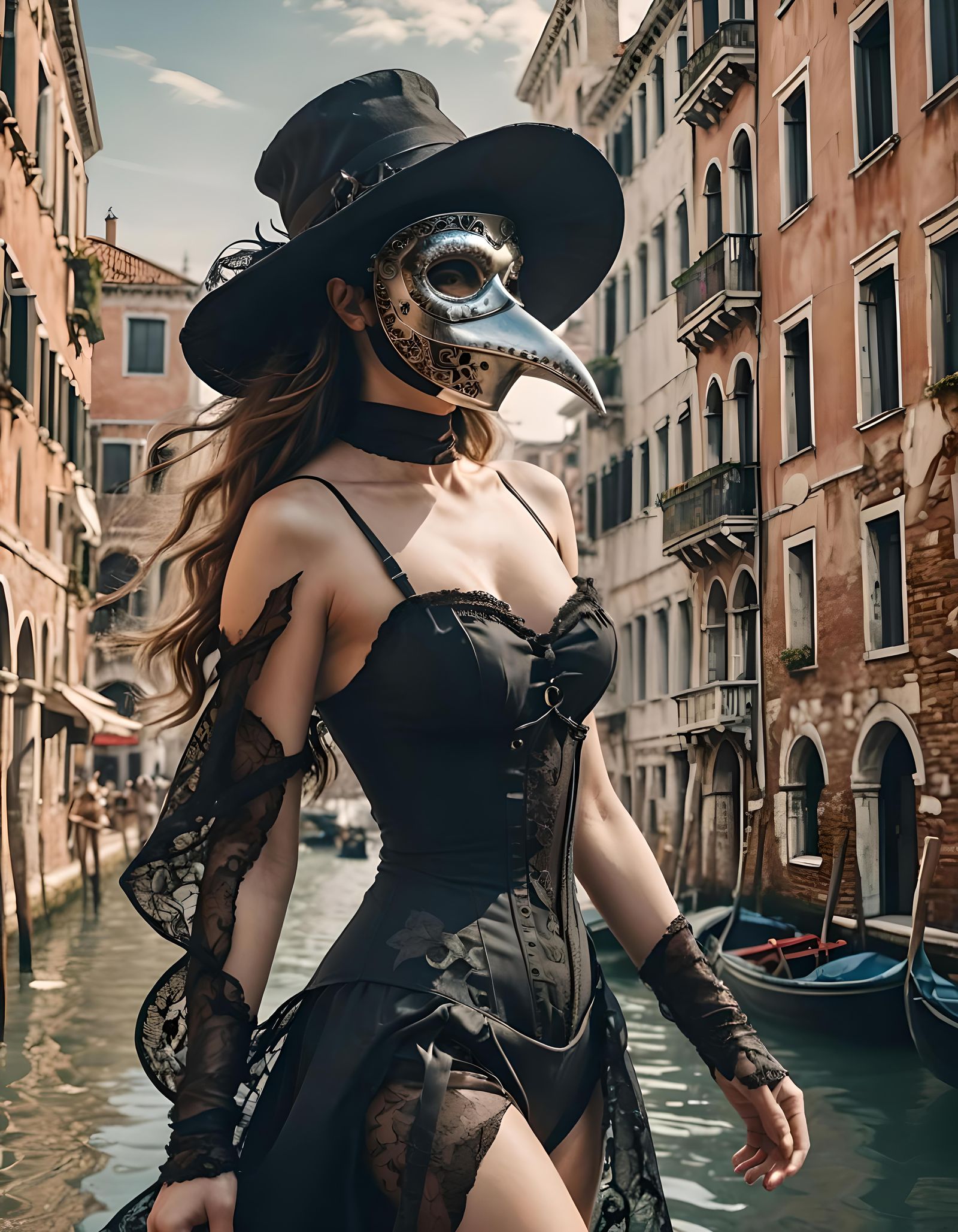 Double exposure. Side profile portrait of a beautiful woman wearing a  historical plague-mask. Plague doctor mask, woman in swimwear and cors... -  AI Generated Artwork - NightCafe Creator