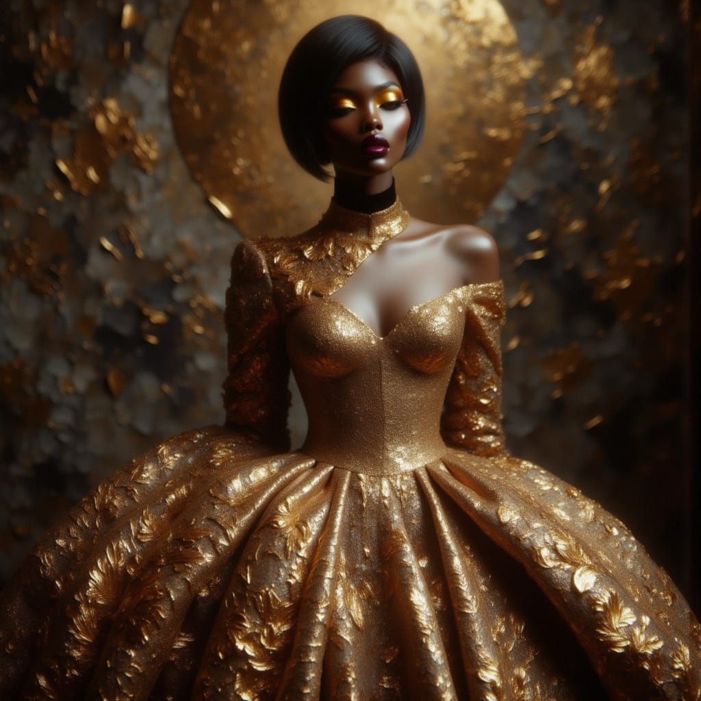 La bellissima modella vestita da cattedrale gotica, dorata. <lora:Cathedral Couture:1.0> volumetric lighting bokeh intricately detailed colo...