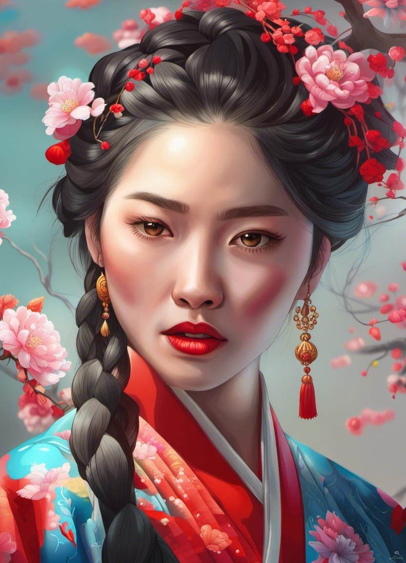 Beautiful Woman, Korean, Braided Hair, Red Lips, Hanbok, Flowers 