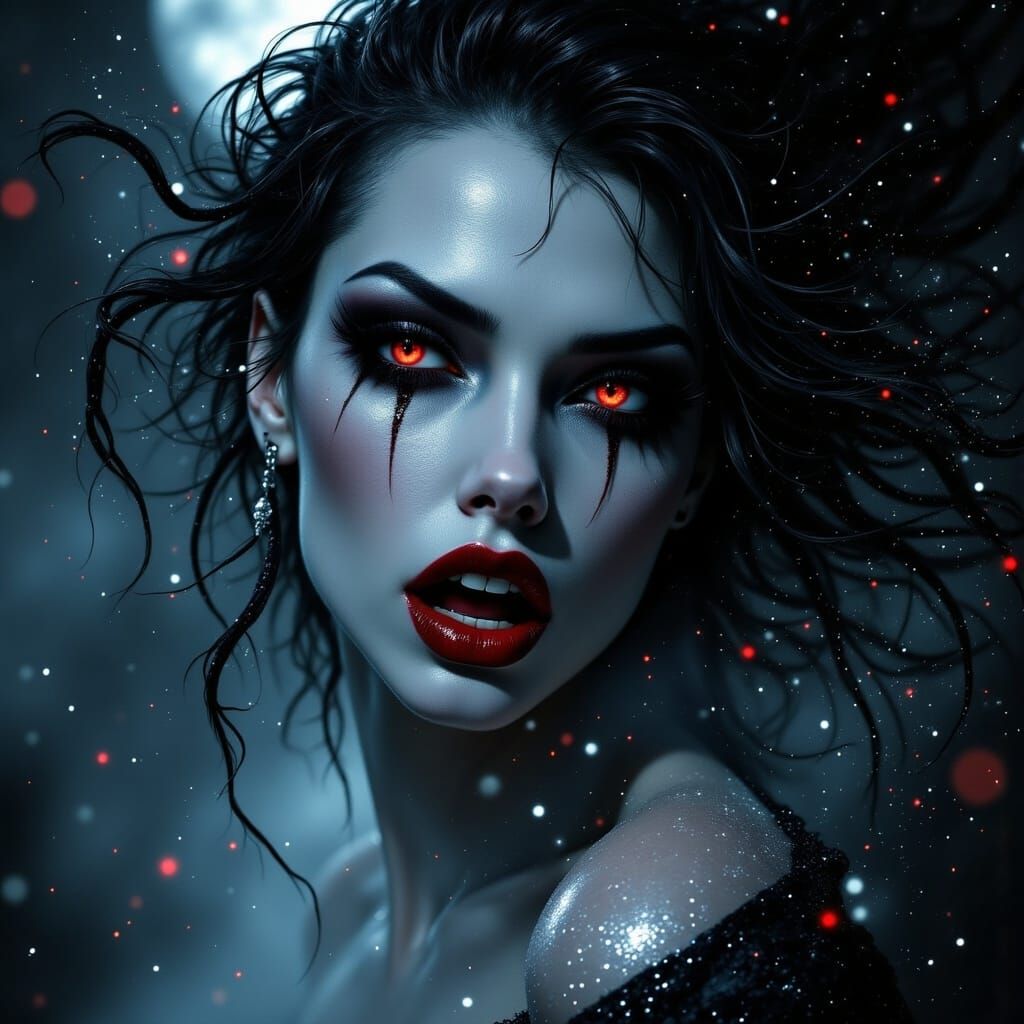<lora:Dark Vampiress:1.0>; fine arts; drawing; shimmering sparkling metallic silver particles;  dry ice mist; vampiress; face; tilted head;...