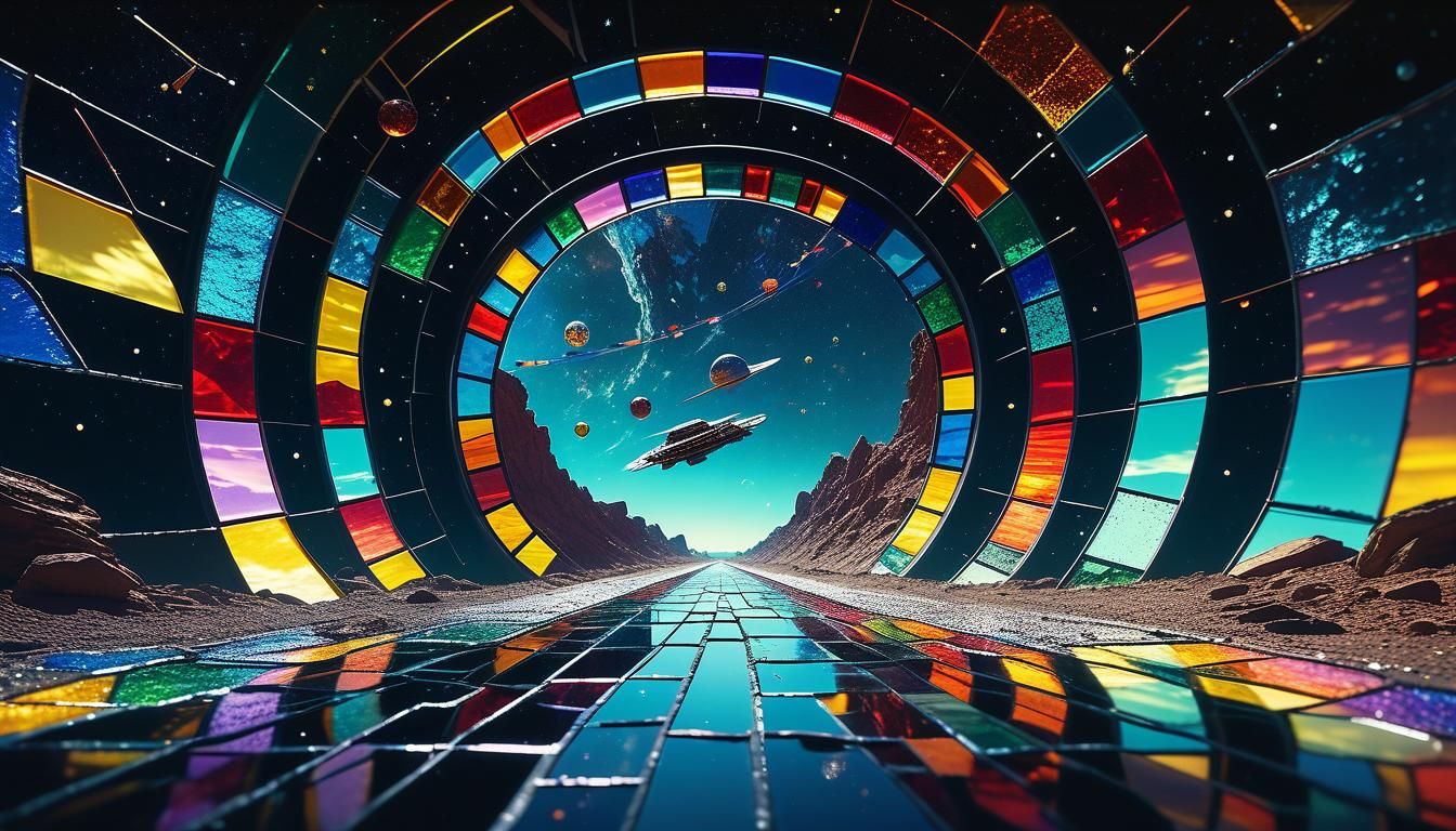 the colorful fractured road made from stained glass  that fl...