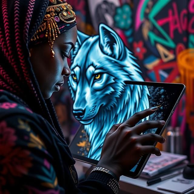 A black Egyptian female tattoo artist is meticulously crafting a portrait of a silver wolf on her Samsung Galaxy S10 Ult...