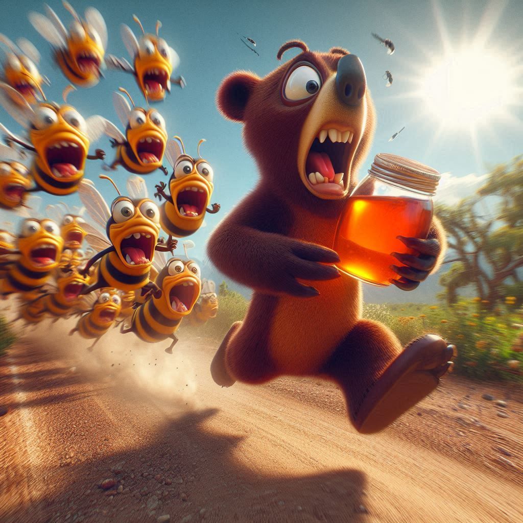bear runs away from angry bees