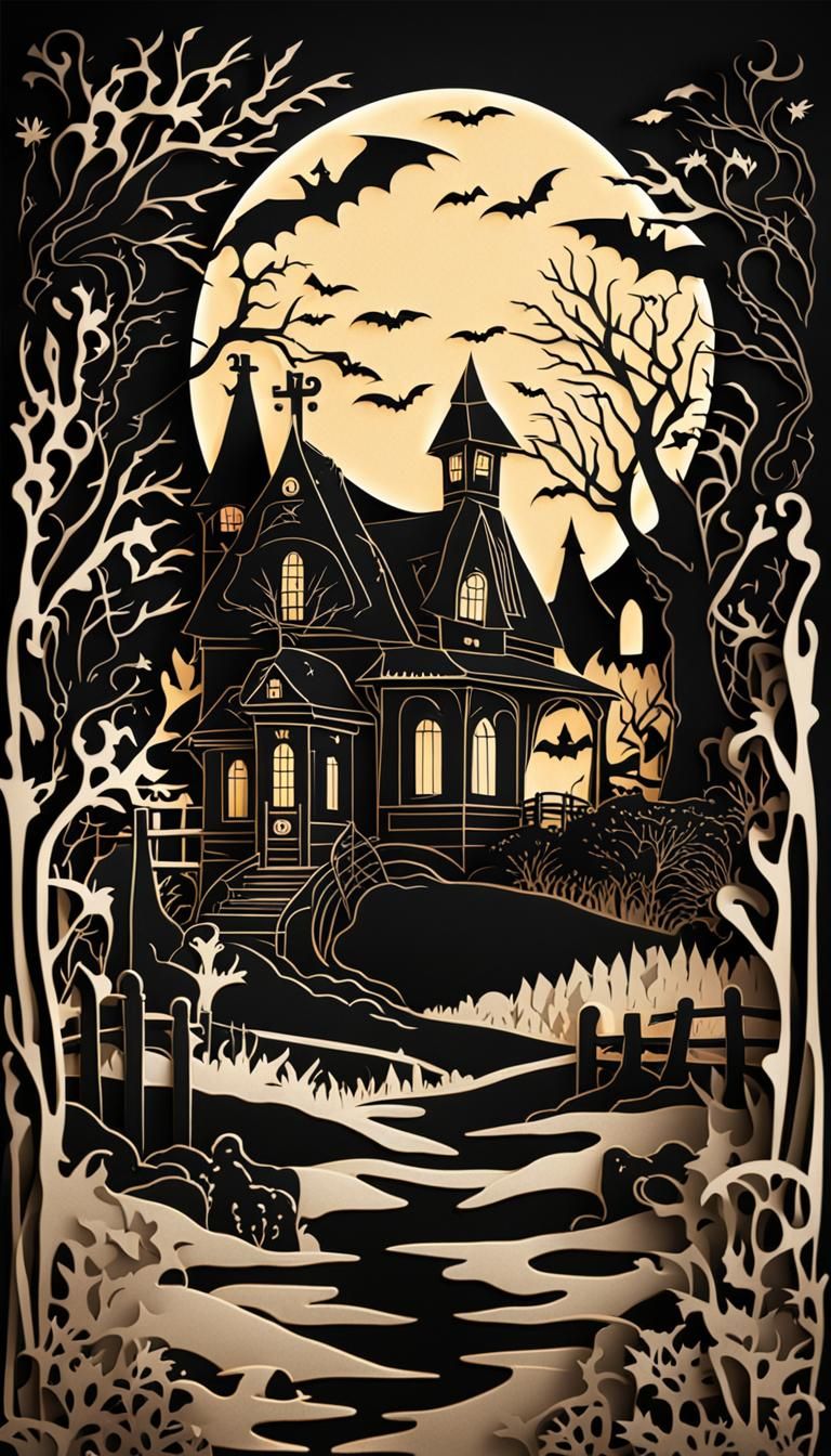 , deep black and bone color Halloween scenepalette, Kirigami...