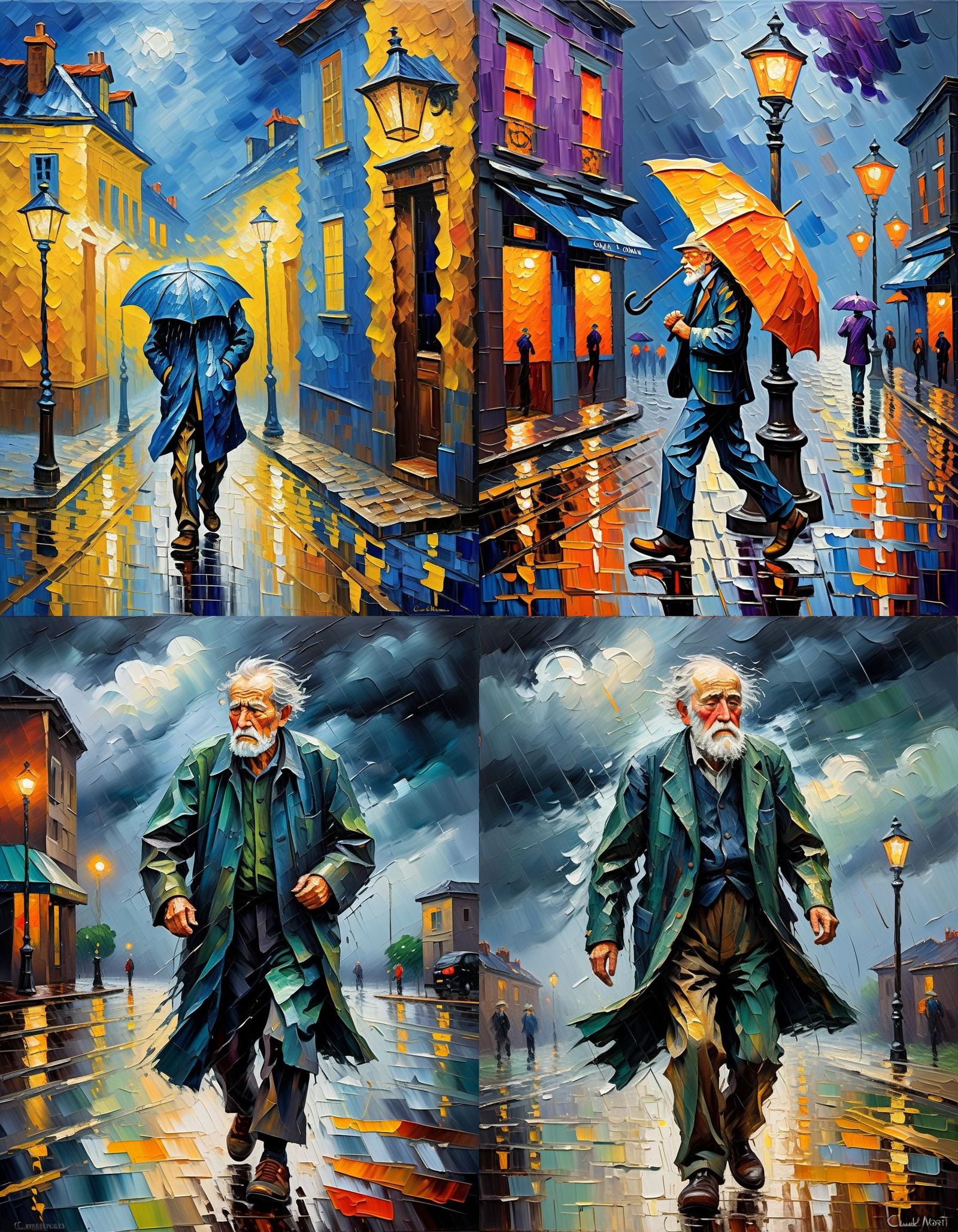 Neo-impressionism expressionist style oil painting. Side on. An old man struggles to walk against a strong stormy gale a...