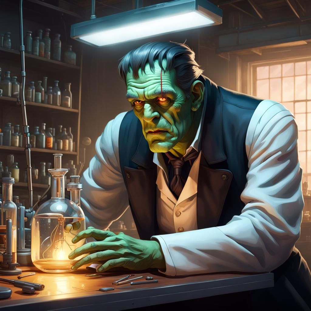 The Frankenstein monster, in the lab, the doctor on the table, trying
