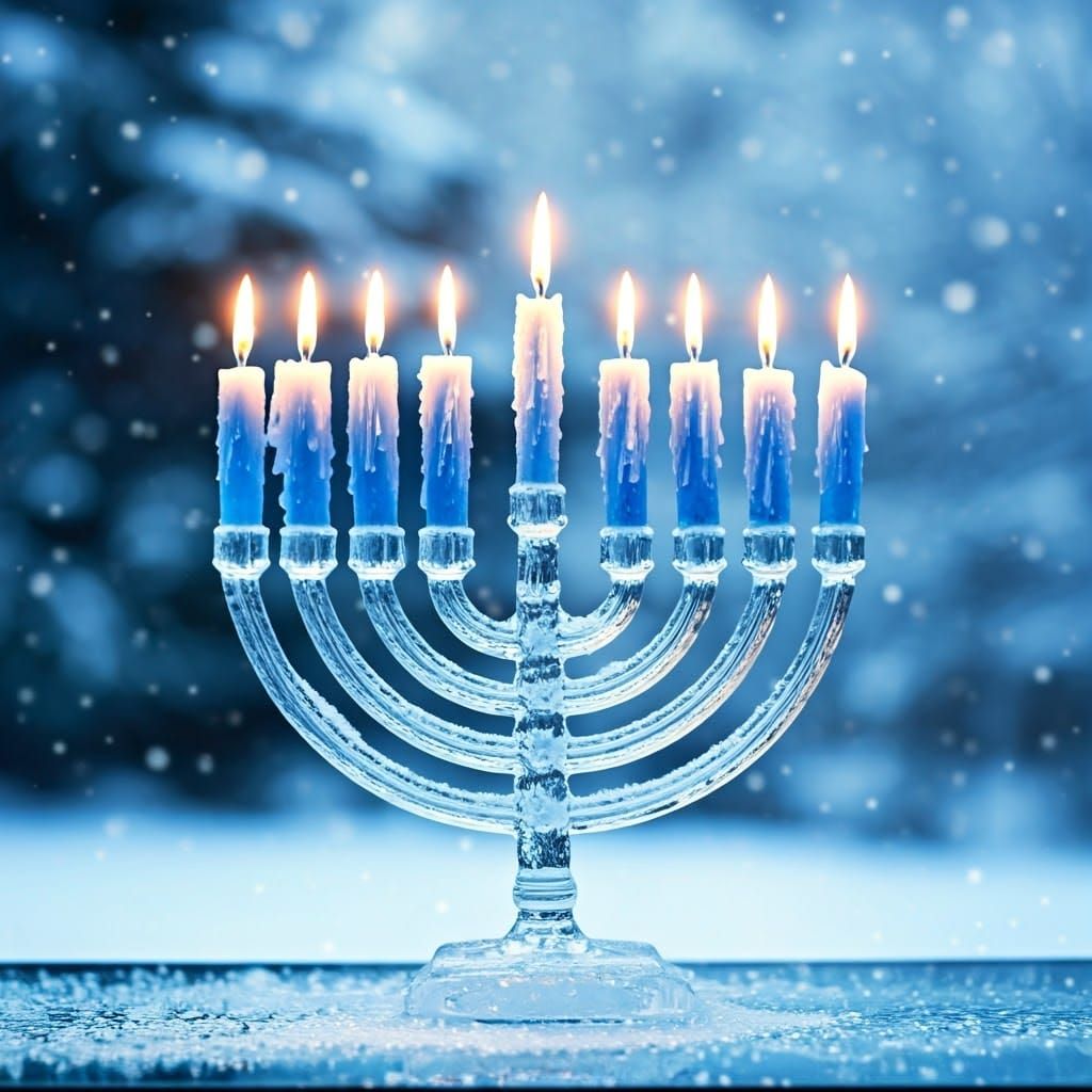 Ethereal Winter Scene with Frozen Menorah and Glowing Ice Ca...