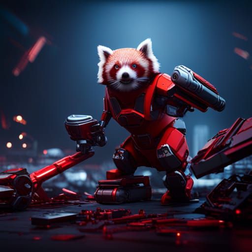 Red Panda intricate mech details, ground level shot, 8K reso...