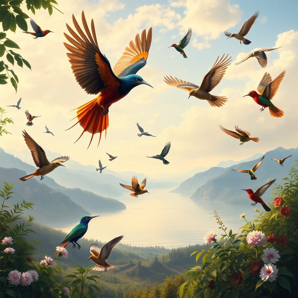 "Create a mesmerizing scene where a diverse array of birds f...