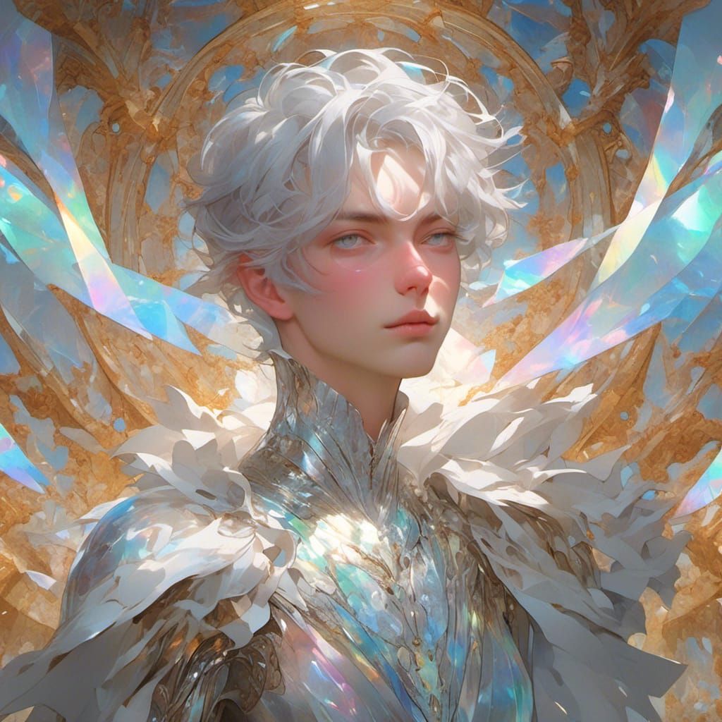 <lora:Iridiscentium:1.3> head and shoulder, Man, white short hair, elegant face, Raw gemstone, iridescent  gemstone, a masterpiece, iridesce...