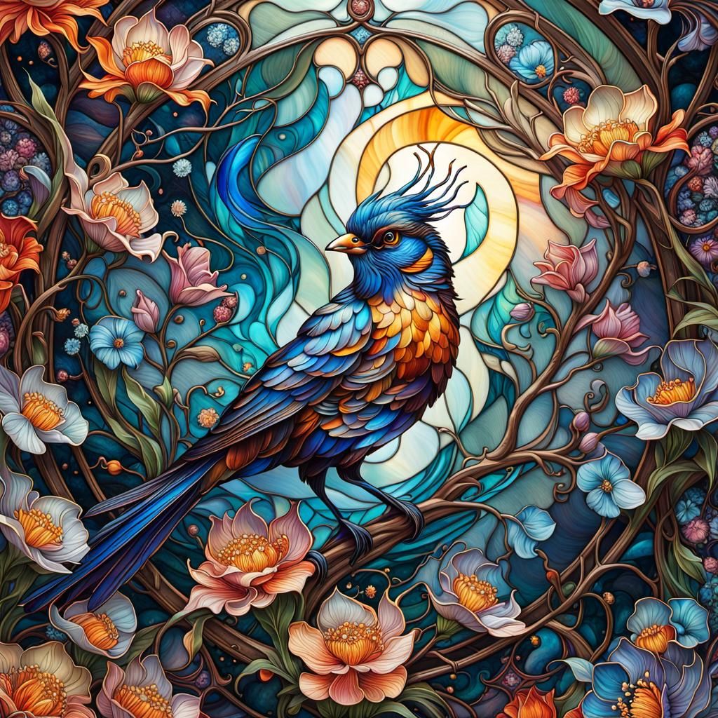 stained glass bird surrounded by flowers  by @Keyser_Soeze