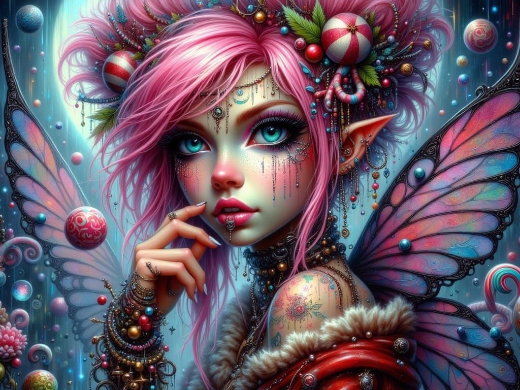 <lora:Fairy Punk:1.0> digital painted art, whimsical adorable close up punky Candy Cane Fairy, disheveled ...  by @Wildflowers77 