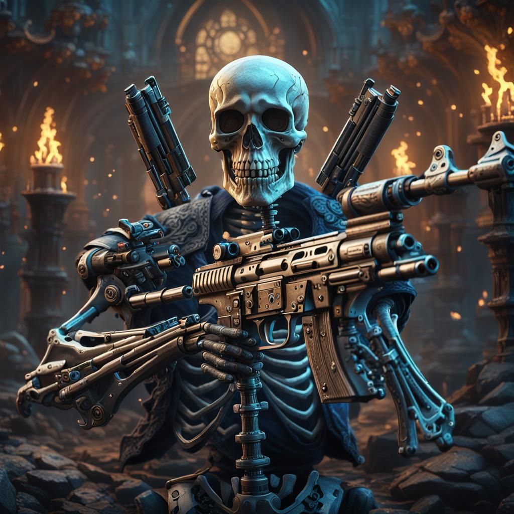 Skeleton holding two guns - AI Generated Artwork - NightCafe Creator