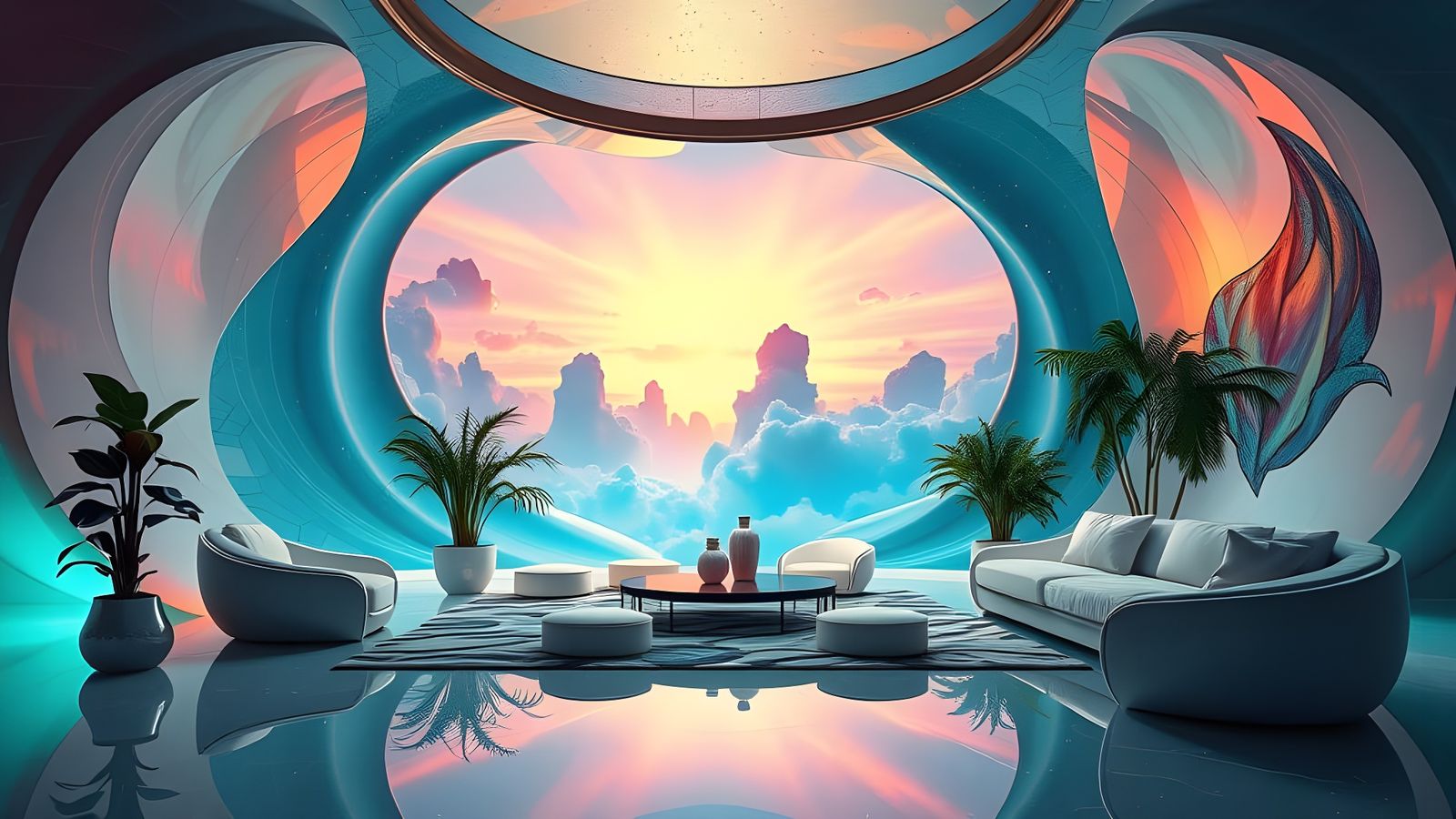 Stunning Retro-Futurism 3D Living Room in Mystical Dreamy Hu...
