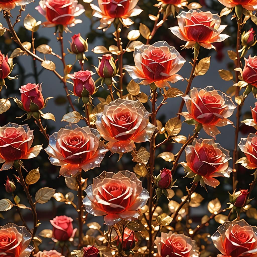 Rose bush, each rose blossom, translucent as if made of cut ...