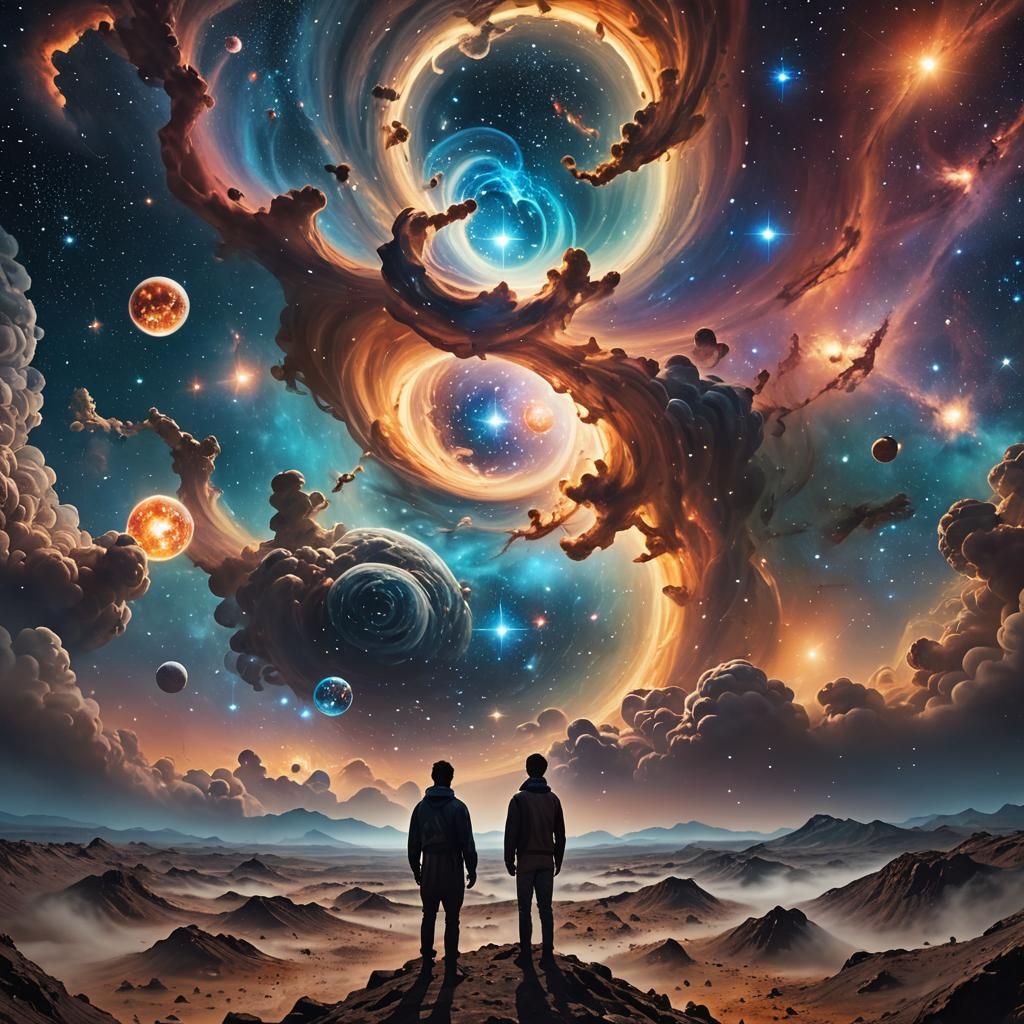 Cosmic Figure in Surreal Starry Landscape