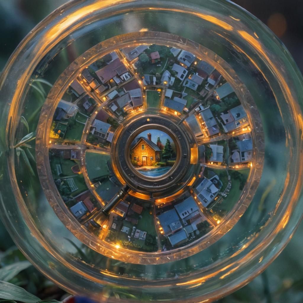 Oil painting style reminiscent of Thomas Kinkade. Macro photography close-up. A magnifying glass held over a tiny, serene village, with intr...