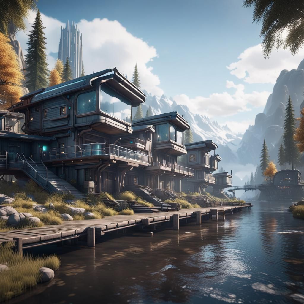 Large futuristic Riverside Cabin Town