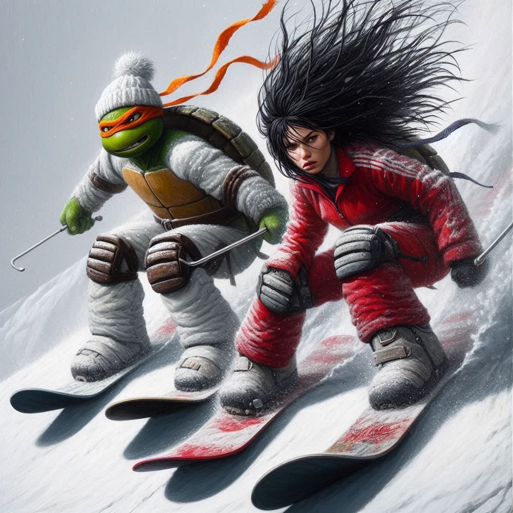 Girl and Ninja Turtle skiing