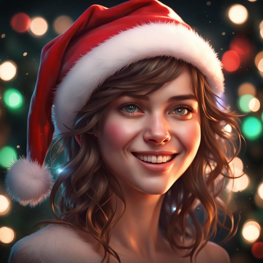 Christmas, a realistic girl smiling with christmas lights behind her wearing a santa hat 