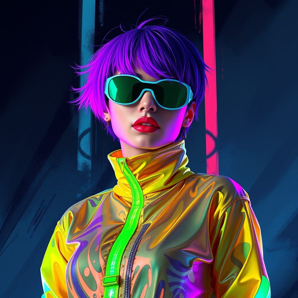 Futuristic Alchemist Poses in Neon-Lit Laboratory