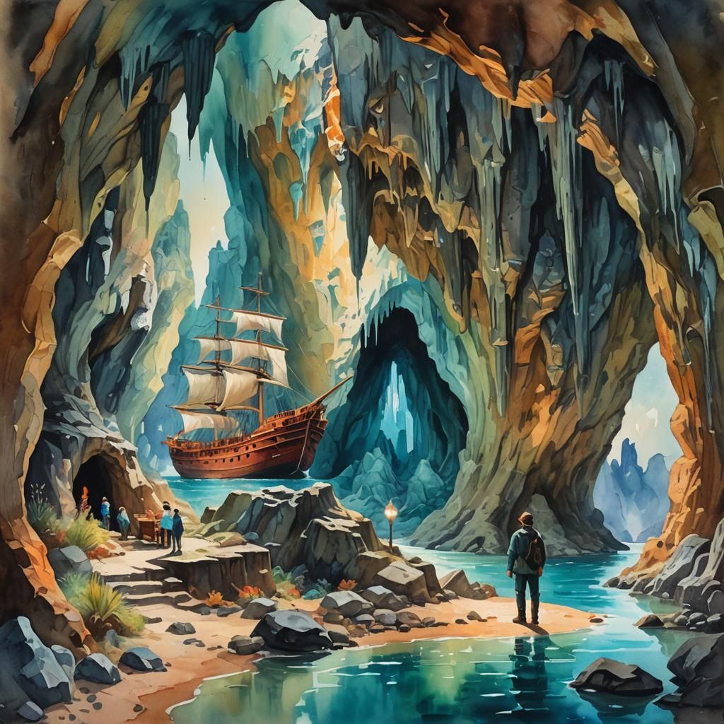 A ship in a bottle in a cave with a man looking at it, stala...