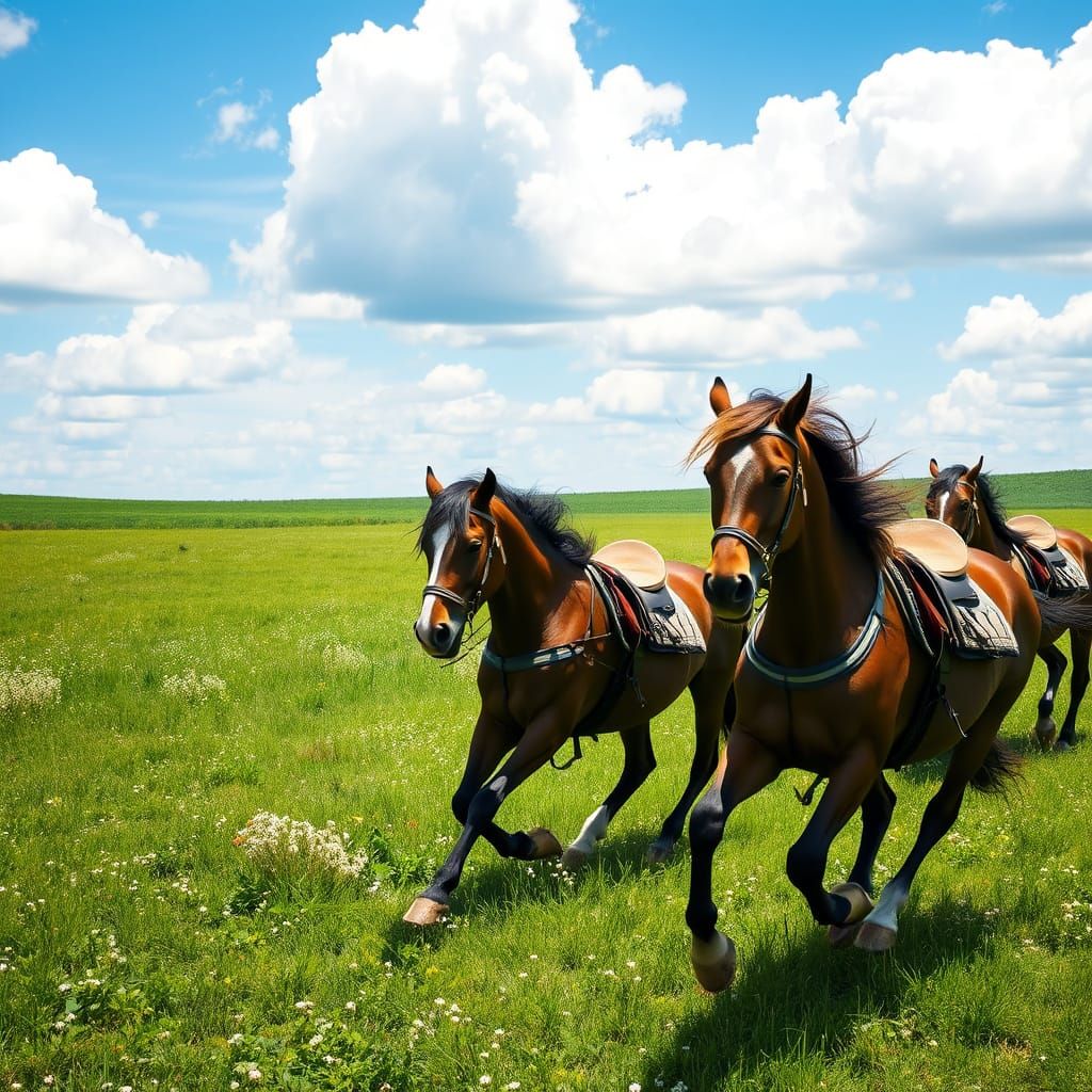Galloping Horses in Lush Meadow, Professional Photography