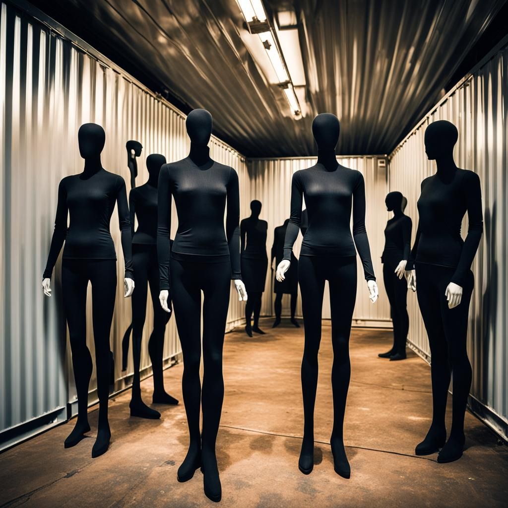 A group of female mannequins wearing black fabric, standing ...