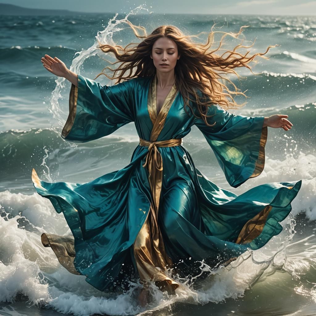A woman in a long  flowing glistening teal robe with long fl...
