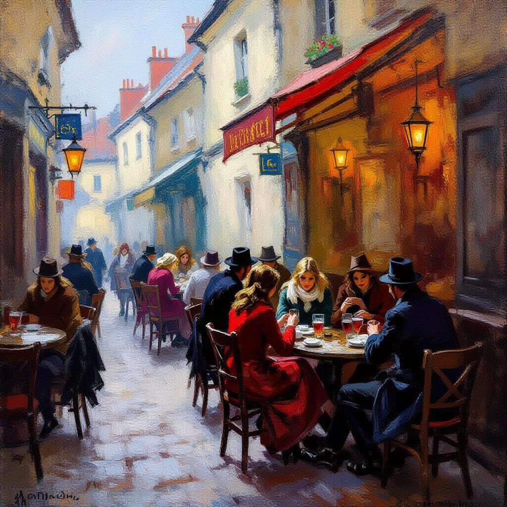 A cozy, dimly lit tavern, with muted blues and reds.  Cold, gray alleyway outside.  Impressionistic style. ...  by @Curius Aplha