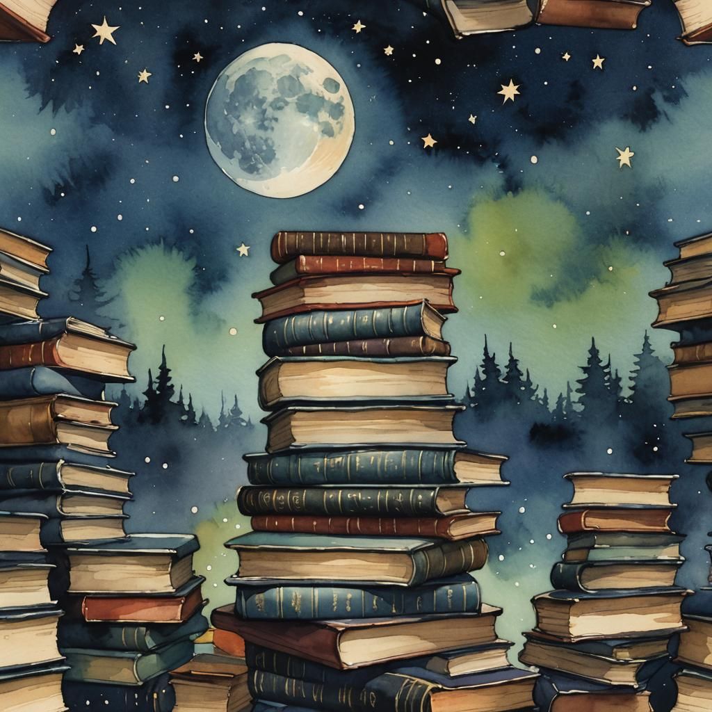 stack of books with watercolor back ground including the moo...