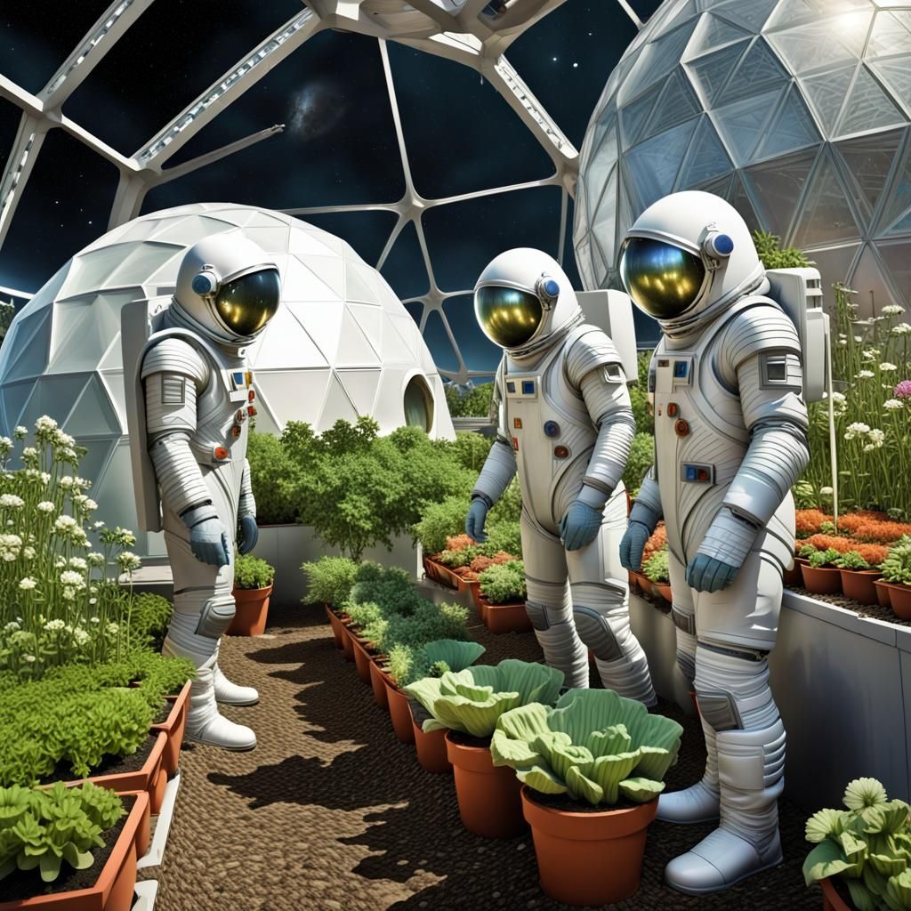 Moonbase : Three men in spacesuits tending rows of potted plants  by @Joris