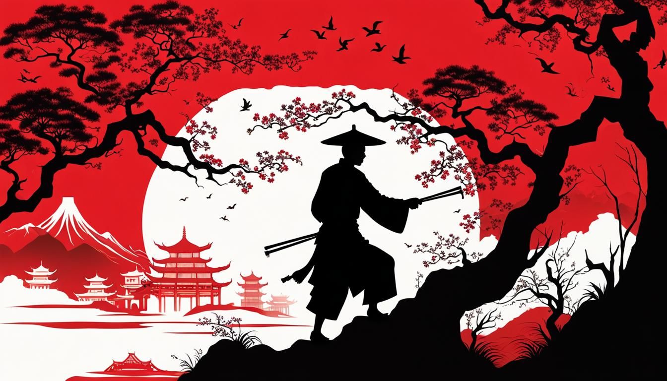 Silhouette art style, a zithar player, old chinese style, very impressive, very detailed, red an black, ...  by @aNta
