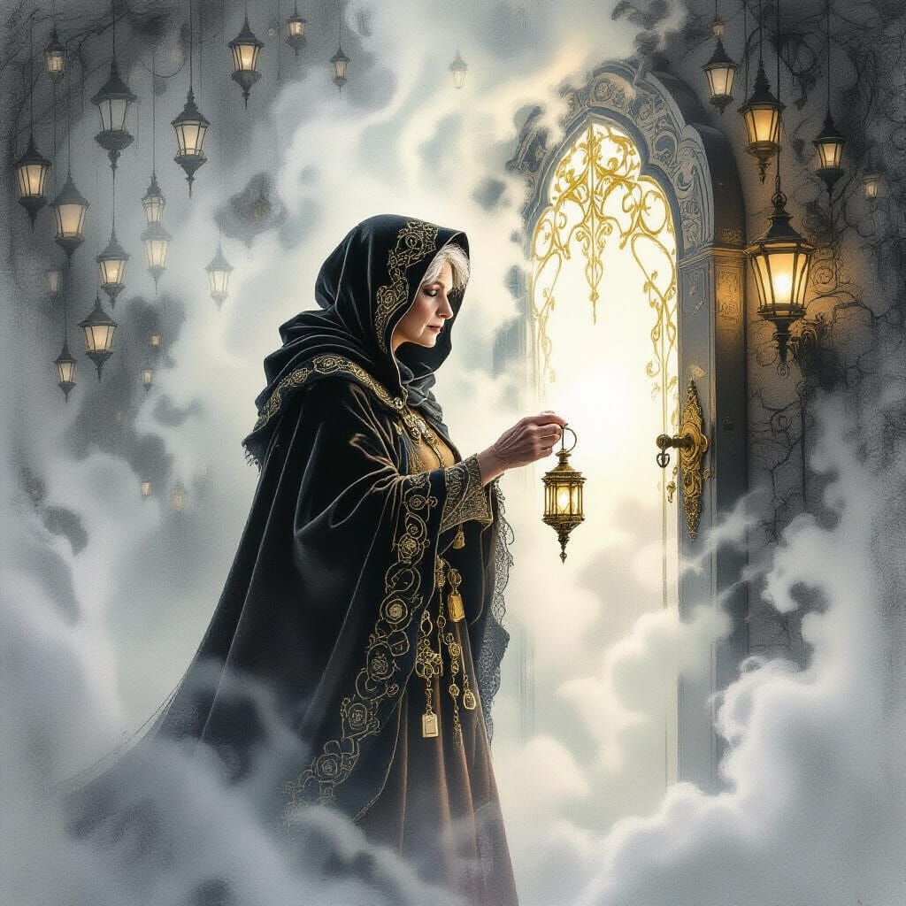 "Guardian of Forgotten Lights"
A wrinkled woman in a patched velvet cloak, heavy key chains at her belt. ...  by @Hani1