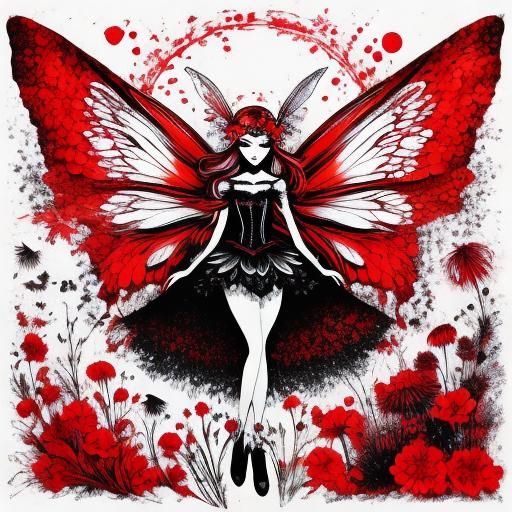 <lora:Inksplash Fairies:1.0> red fairy, big eyes, symmetrical wings