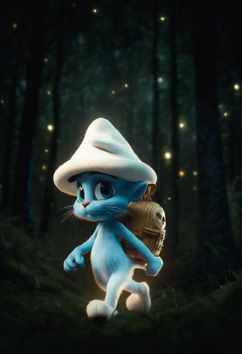 Cat dressed as smurf in the forest