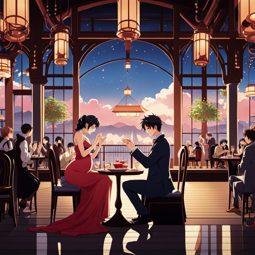 Man proposing to his pregnant fiance at a restaurant in anim...
