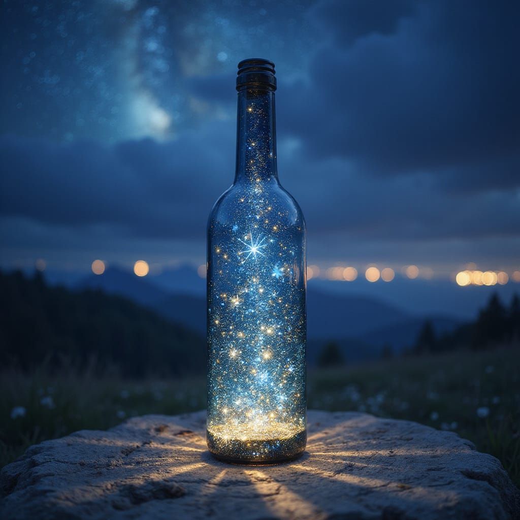 Starlight contained in a wine bottle 