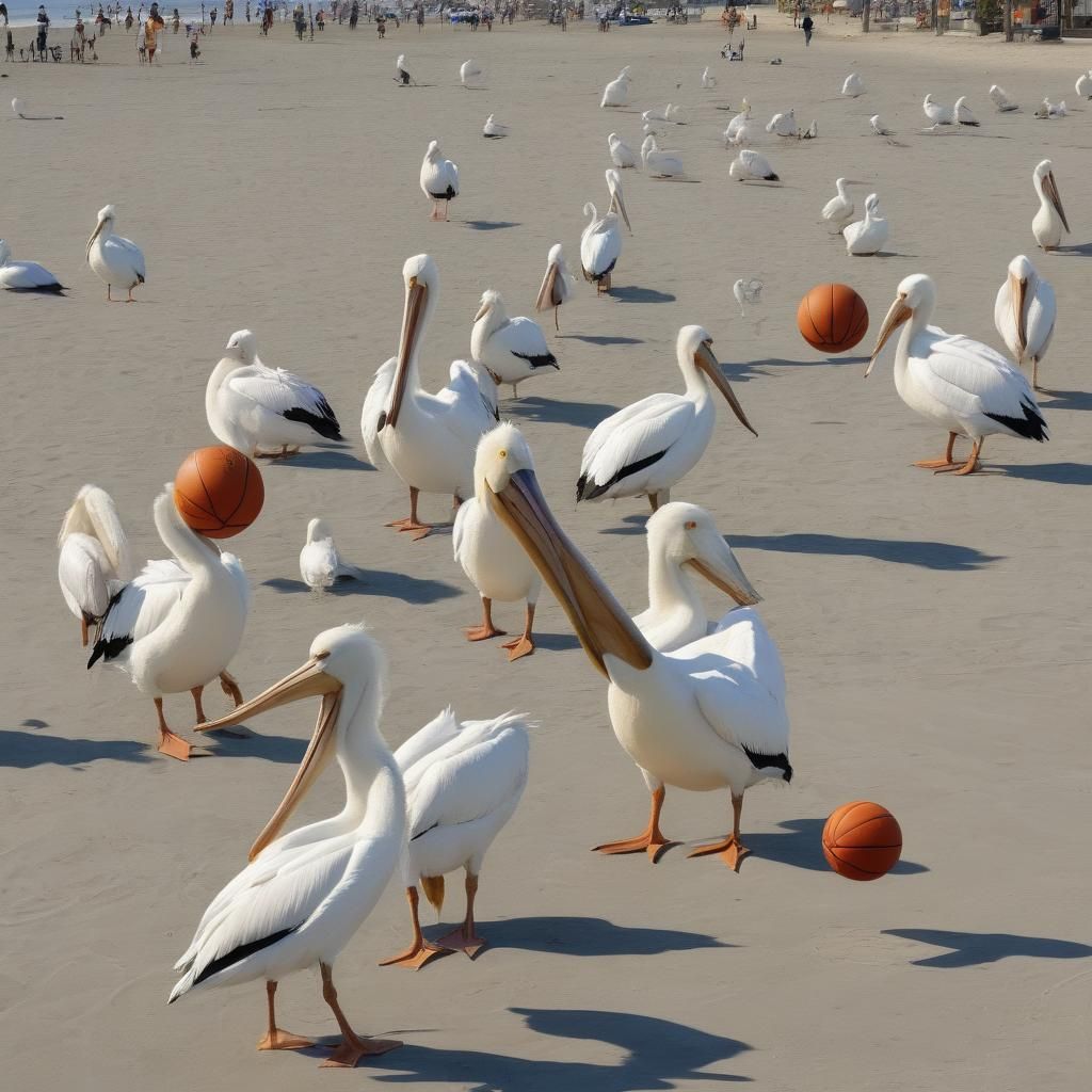 Cartoon White pelicans playing basketball at venice beach