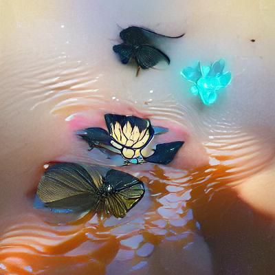 Glistening water, butterflies, lotus, glow