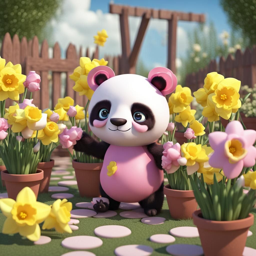 Pink panda and the Flower Pots. - AI Generated Artwork - NightCafe Creator