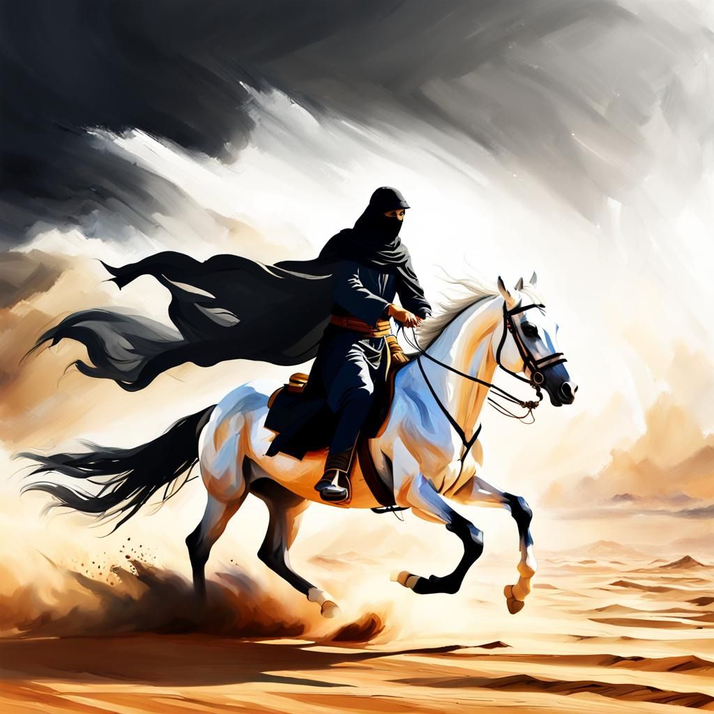 painting of a pure white Arabian horse with Bedouin rider in black galloping through a desert plain outrunning a dark sandstorm, digital art...
